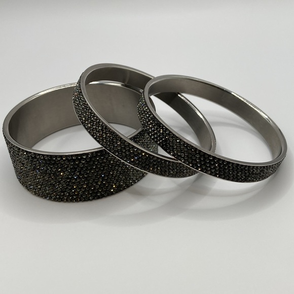 None Jewelry - Crystal Bangle Bracelets, Set of Three, Gunmetal, 7.5”